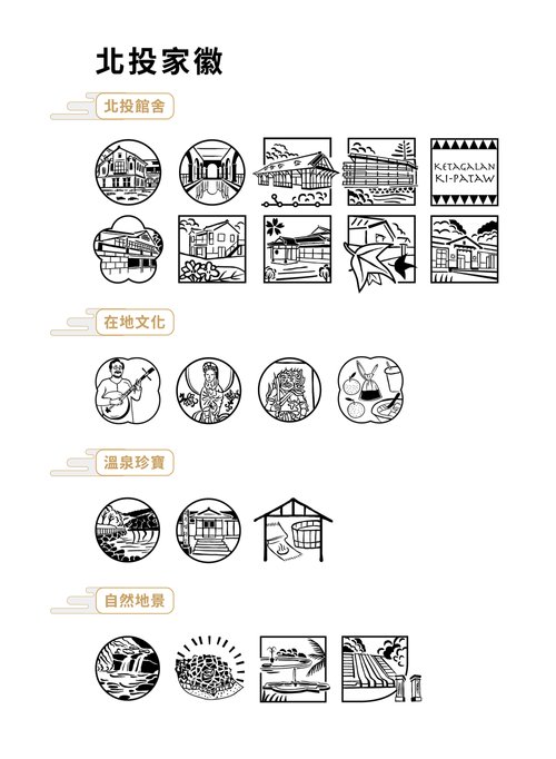 匯聚北投特色，以「北投家徽」呈現北投館舍、在地文化、溫泉珍寶、自然地景的北投多元面貌，串連北投在地故事。(「北投家徽」設計：鄭培哲)